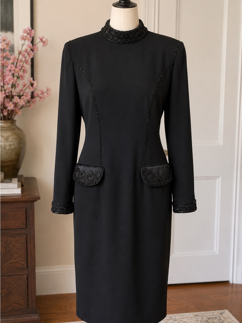 Oleg Cassini Black Long-Sleeve Beaded-Trim Sheath Dress